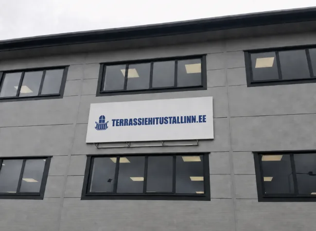 Altvaates hall paneelfassaad kahe aknarea vahel valge TERRASSIEHITUSTALLINN.EE sildiga, kontori ja lao krunt osteti 2013. aastal.